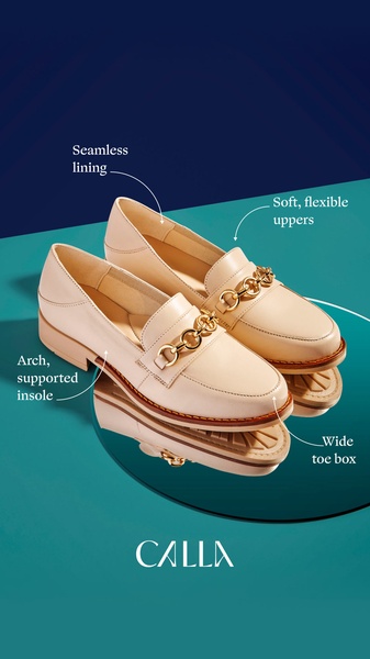 loafers, dress shoes, slip on shoes, chain loafers, women's flats, office shoes, leather shoes, product launch, minimalist, luxurious, blue, neutral